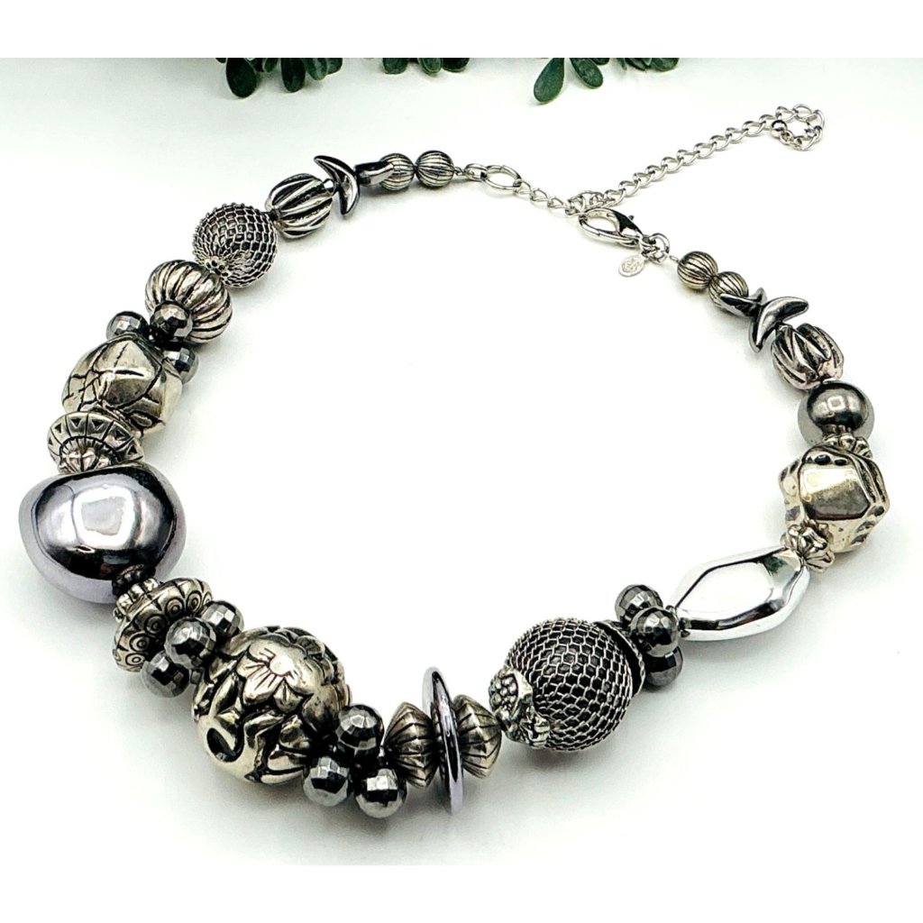 Vintage Metallic Silver Ornate Beaded Statement Necklace By Premier Designs